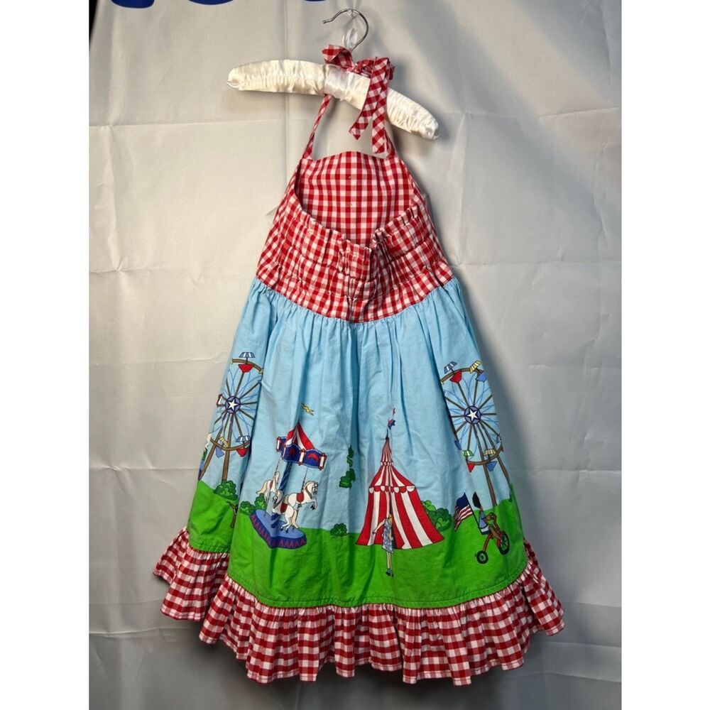 Eleanor Rose circus print red and white gingham halter smocked dress vintage - Picture 9 of 12